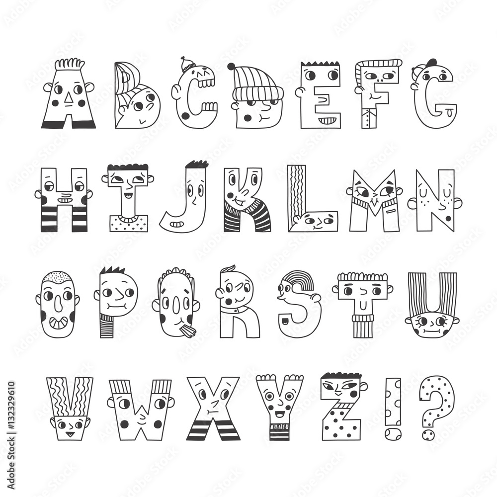 Funny handwritten cartoon alphabet. Cute characters letters. Stock Vector |  Adobe Stock