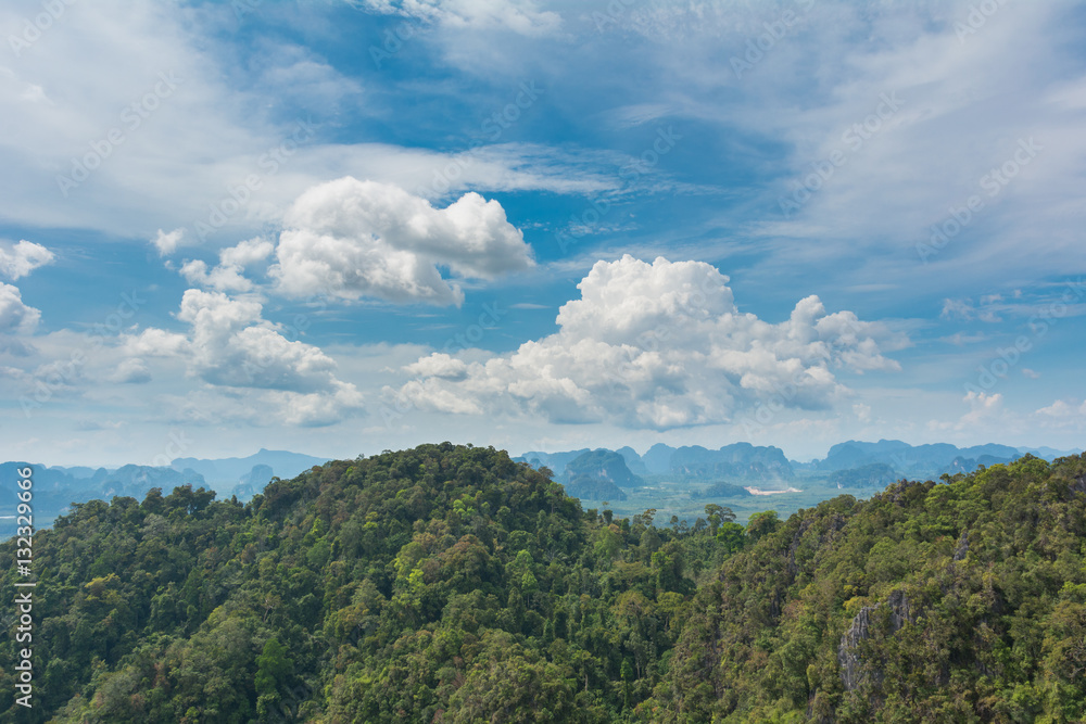 View of mountains and clouds in Krabi, Southern Thailand.