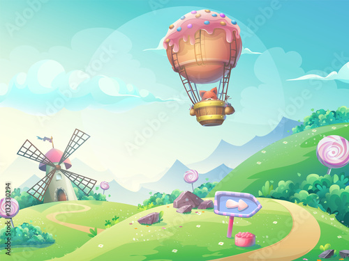 Vector illustration landscape with fox in blimp