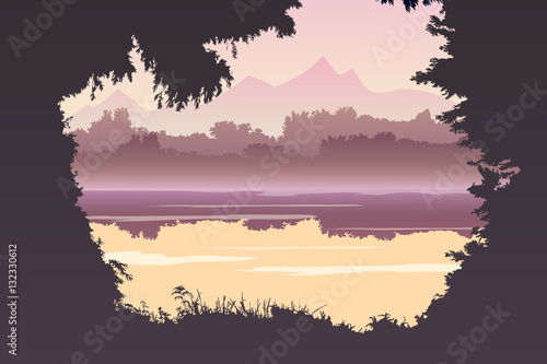 Landscape with a lake. Flat color landscape. Vector illustration © evgeniybelyaev