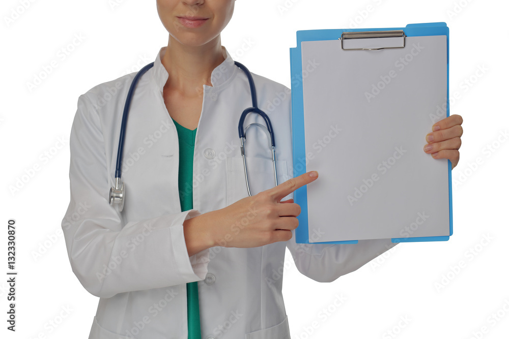 Portrait an unknown female doctor with a stethoscope isolated on white. Health care and medical concept.