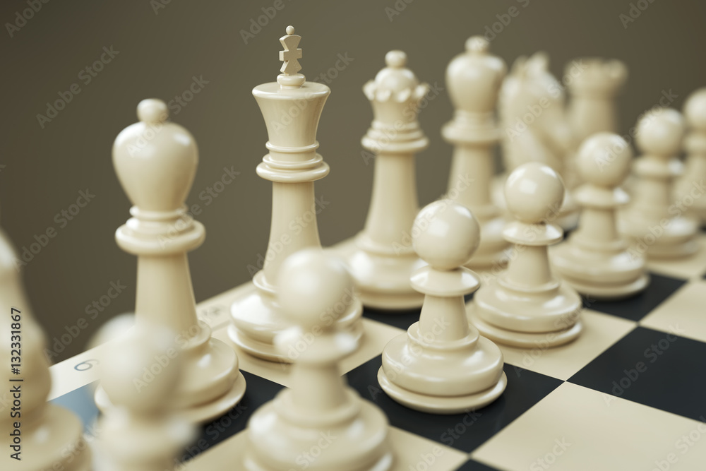 Set of white chess pieces on a chessboard close