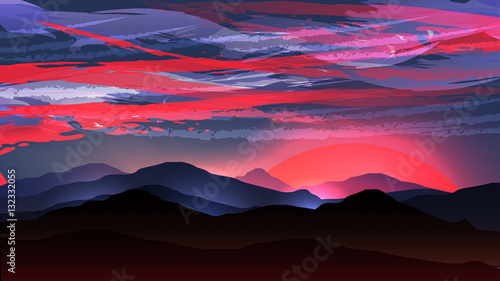 Red Sunset Mountain with Storm Clouds - Vector Illustration