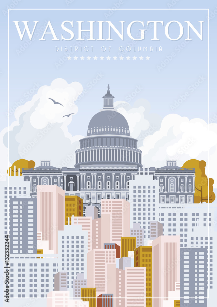 District of Columbia vector american poster. USA travel illustration. United States of America colorful greeting card. Washington DC
