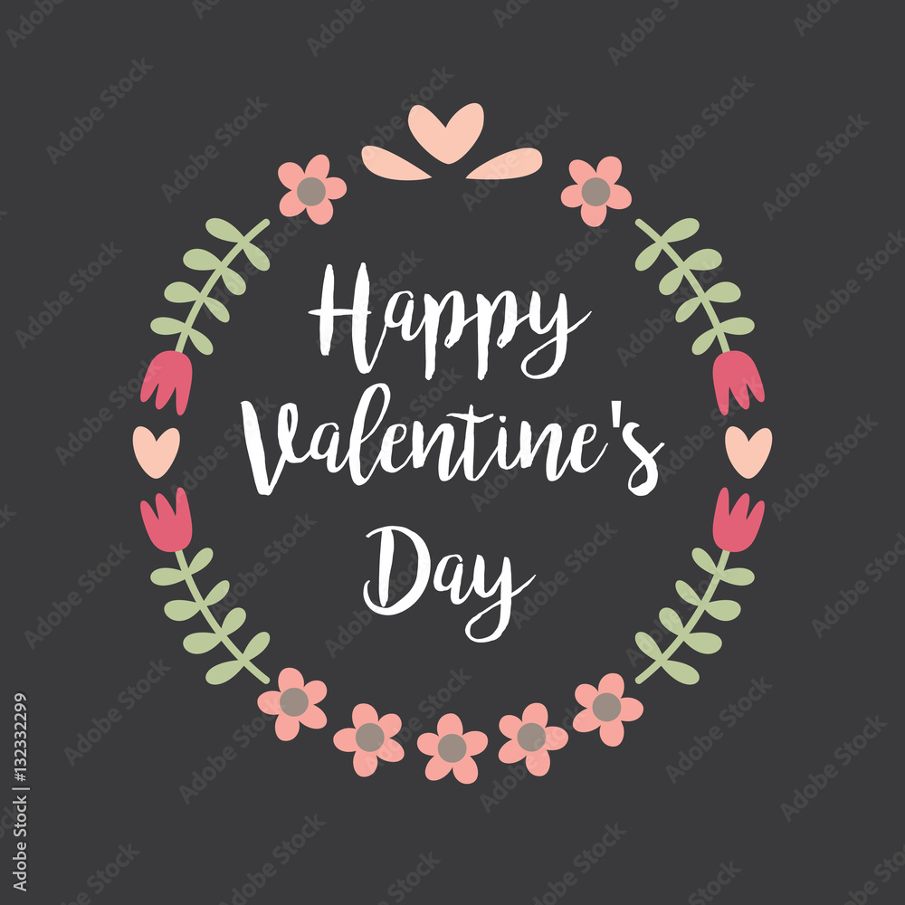 Happy Valentines Day Hand Drawing Vector Lettering design. Set of floral frame Typographic on Chalkboard background with ornaments, Hearts, Ribbon and Arrow.