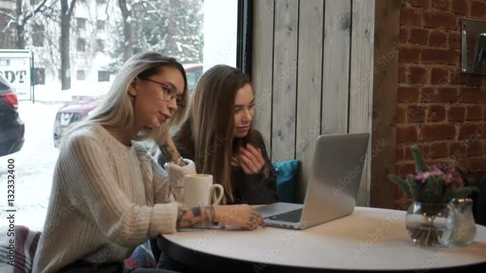 Two girls working at a laptop in a cafe Two girls working at a laptop in a cafe