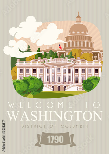 District of Columbia vector american poster. USA travel illustration. United States of America colorful greeting card. Washington DC