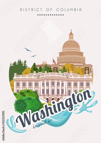 District of Columbia vector american poster. USA travel illustration. United States of America colorful greeting card. Washington DC