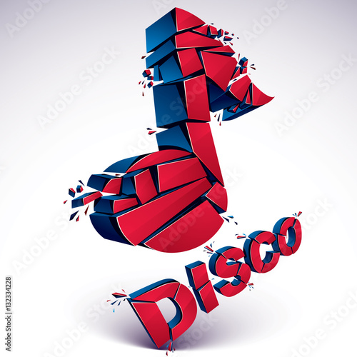 Red 3d vector musical note broken into pieces, explosion effect.