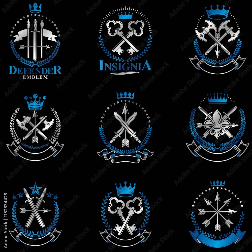 Fototapeta premium Vintage Weapon Emblems set. Vintage vector design elements colle