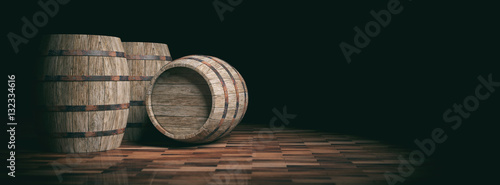 Billede på lærred Wooden barrels on dark background. 3d illustration