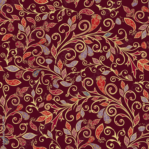 Vector abstract pattern with tree branches  items of Paisley  leaves and flowers.