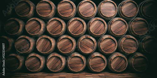 Wooden barrels background. 3d illustration Fototapeta