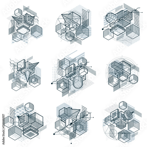 Lines and shapes abstract vector isometric 3d backgrounds. Layou