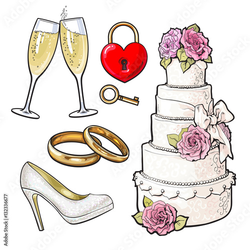 Set of wedding icons - cake, rings, glasses of champagne and lock with a key, sketch style illustration isolated on white background. Realistic hand drawing of wedding objects, symbols, elements