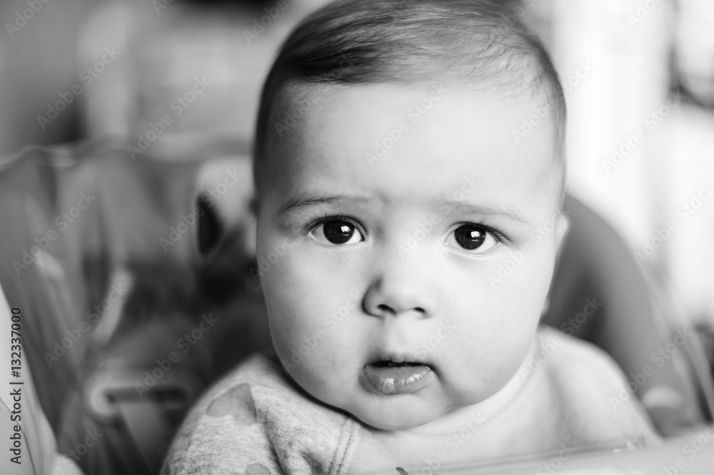 Foto de Baby boy at home. close up portrait .black and white do Stock