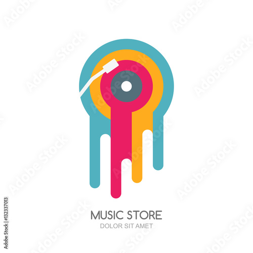 Vector music logo, label or emblem design. Multicolor melted vinyl disc isolated icon. Concept for music store, recording studio, radio station or festival.