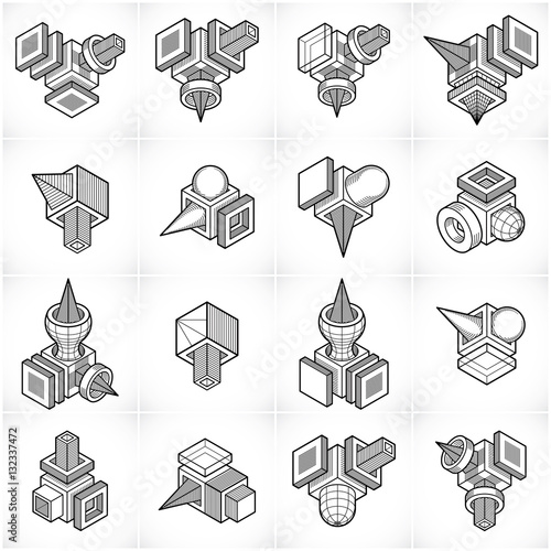3D engineering vectors, abstract shapes collection.