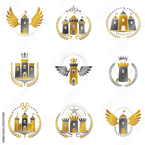Ancient Fortresses emblems set. Heraldic Coat of Arms, vintage v