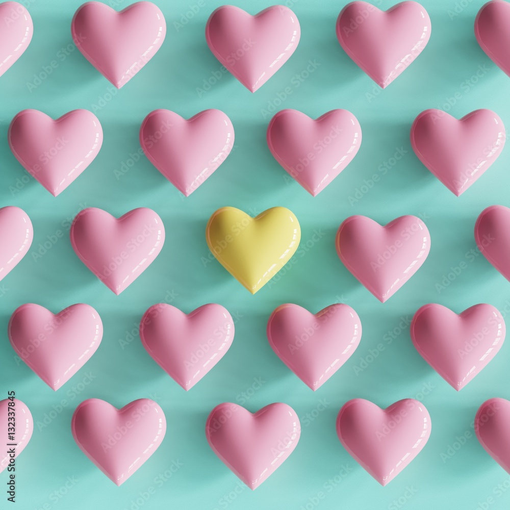 outstanding yellow heart in middle many pink hearts on pastel green background. minimal concept..
