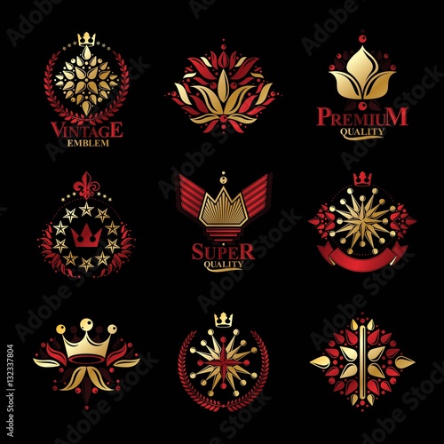 Royal symbols, Flowers, floral and crowns, emblems set. Heraldic