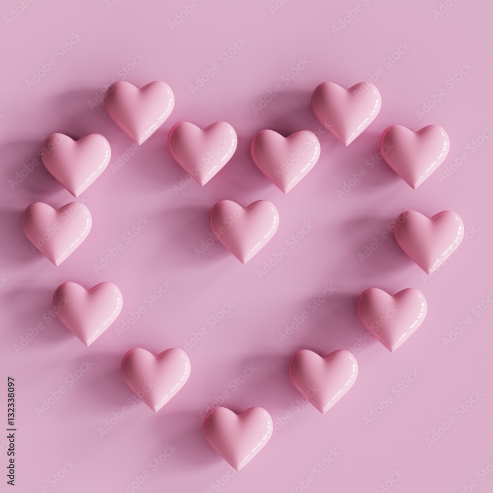 Heart shapes made by many tiny pink hearts on pink background. minimal concept.