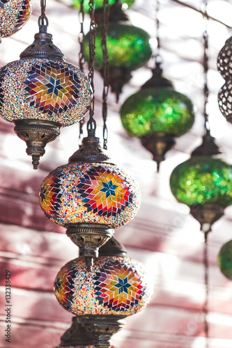 Beautiful traditional handmade turkish lamps in souvenir shop. M