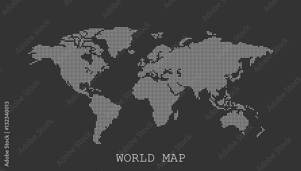Dotted blank white world map isolated on black background. World map vector template for website, infographics, design. Flat earth world map with round dots illustration.