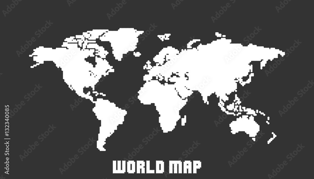 Dotted blank white world map isolated on black background. World map vector template for website, infographics, design. Flat earth world map with round dots illustration.