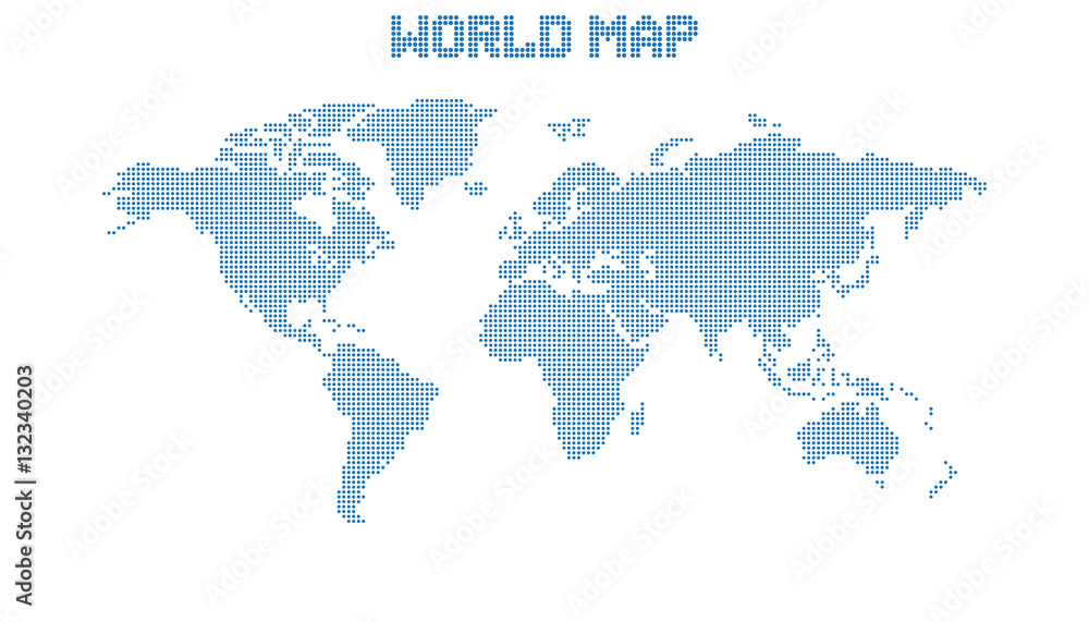 Dotted blank blue world map isolated on white background. World map vector template for website, infographics, design. Flat earth world map with round dots illustration.