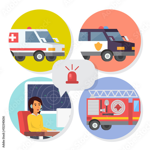 Emergency call center online support. Phone operator for ambulance, fire department or police help. Flat design vector illustration