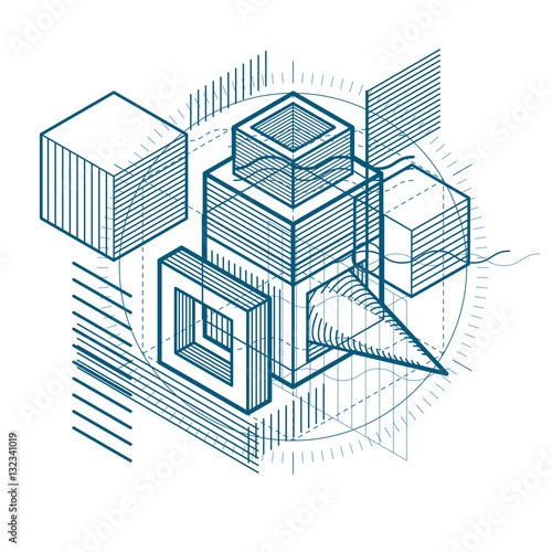 Lines and shapes abstract vector isometric 3d background. Layout