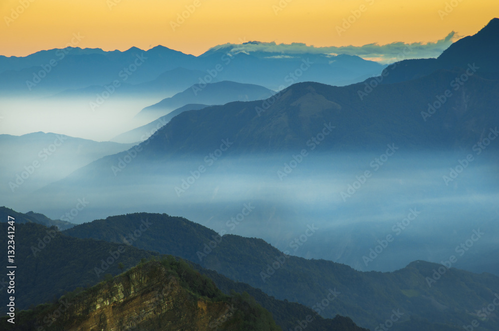 Alishan Mountains National Park Scenic Sunrise with mist and clo