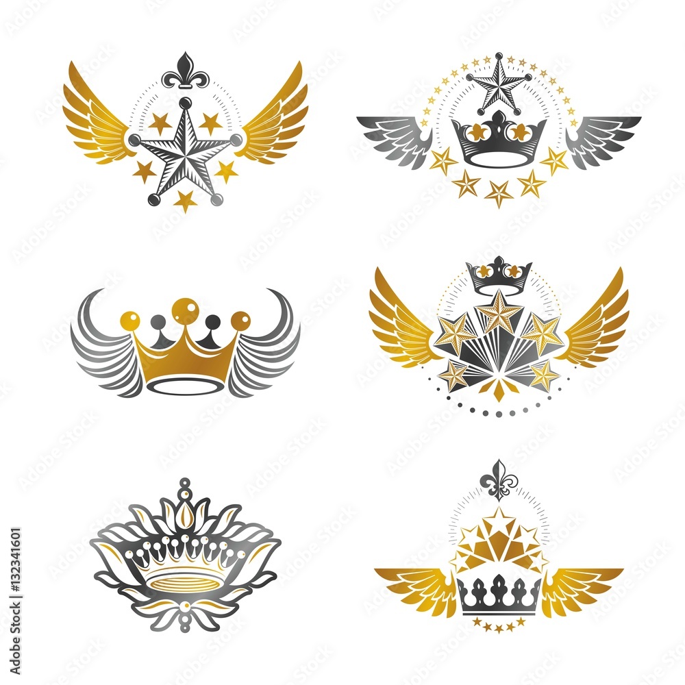 Ancient Crowns and Military Stars emblems set. Heraldic vector d Ancient Crowns and Military Stars emblems set. Heraldic vector d