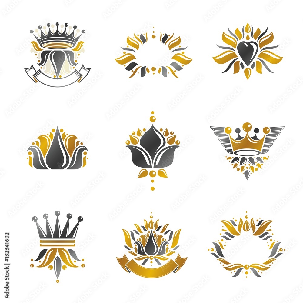 Royal symbols, Flowers, floral and crowns, emblems set. Heraldic Royal symbols, Flowers, floral and crowns, emblems set. Heraldic