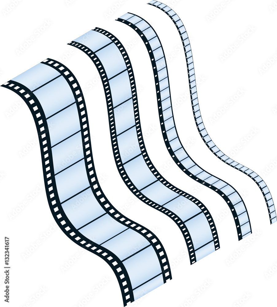 A set of strips of film showing different film stock sizes including 70mm, 35mm, 16mm and 8mm. 