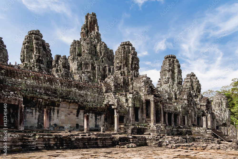 Towers with faces in Angkor Wat, temple complex in Cambodia and the largest religious monument in the world. UNESCO World Heritage Site.