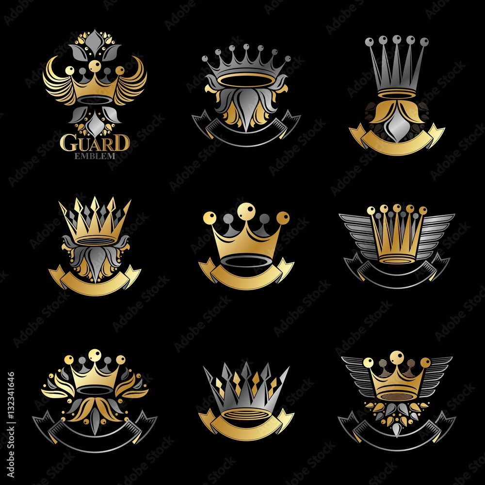 Imperial Crowns emblems set. Heraldic Coat of Arms, vintage vect Imperial Crowns emblems set. Heraldic Coat of Arms, vintage vect