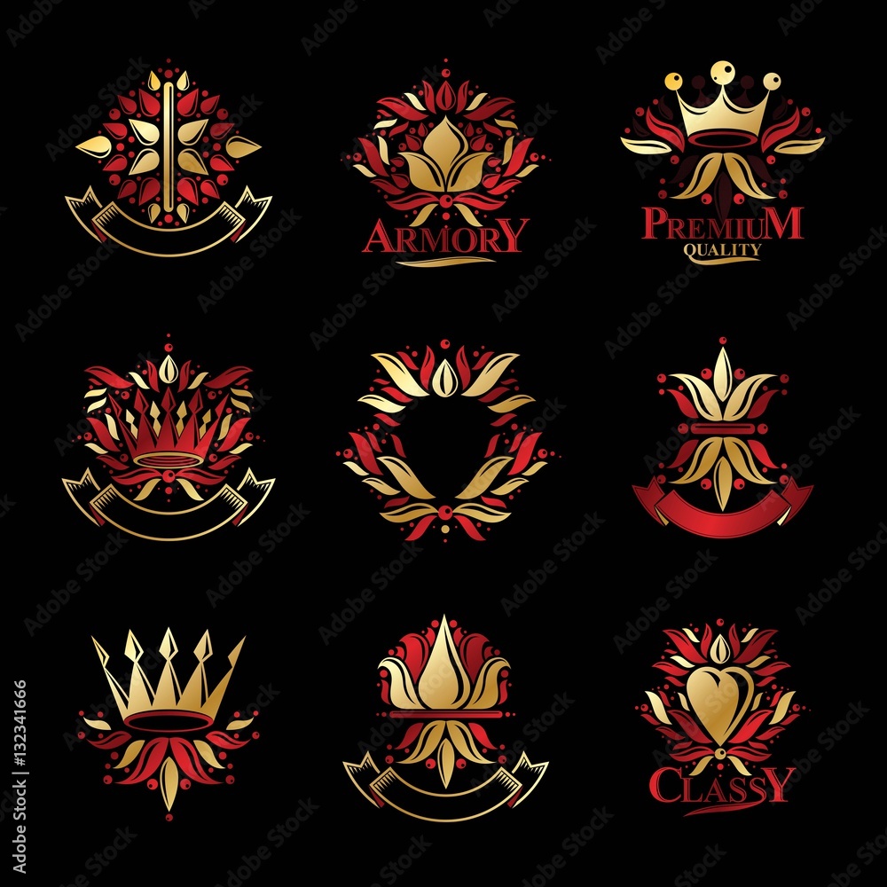 Fototapeta premium Royal symbols, Flowers, floral and crowns, emblems set. Heraldic
