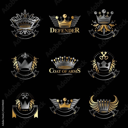 Imperial Crowns emblems set. Heraldic Coat of Arms, vintage vect