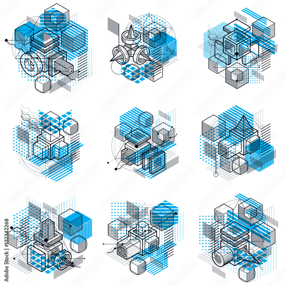 Vector backgrounds with abstract isometric lines and figures. Te