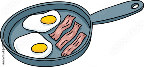 Cartoon eggs and bacon frying up in an iron frying pan.