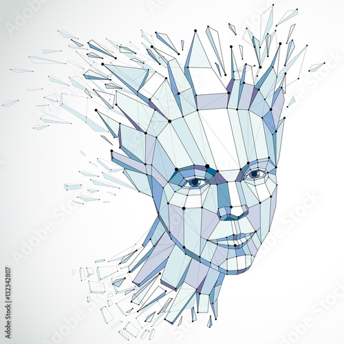 Face of a thinking woman created in low poly style and with conn