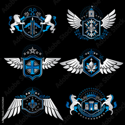 Vintage heraldry design templates, vector emblems created with b