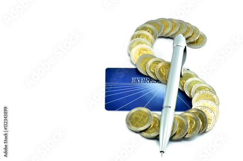 Pen put on coin order to dollar sign on credit card on white background isolate