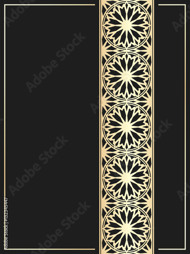 Islamic card. Golden border on black background. Vector template for restaurant menu. Wedding invitation in luxury style.