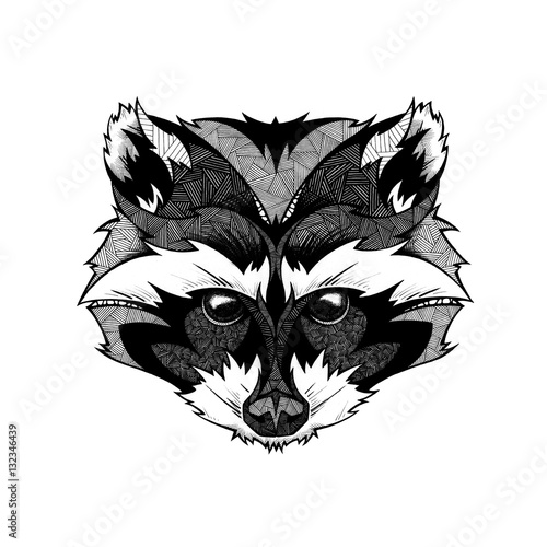 Raccoon head, illustration, black and white  (ID: 132346439)