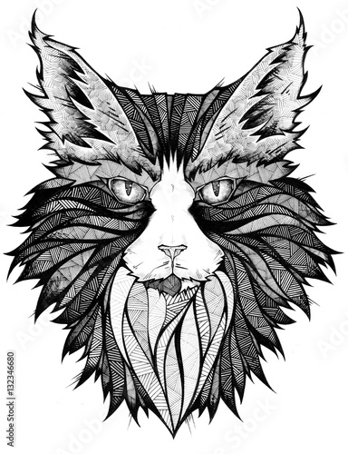 Cat head, illustration, black and white  (ID: 132346680)