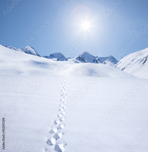 Spur im Schnee in Gebirgslandschaft