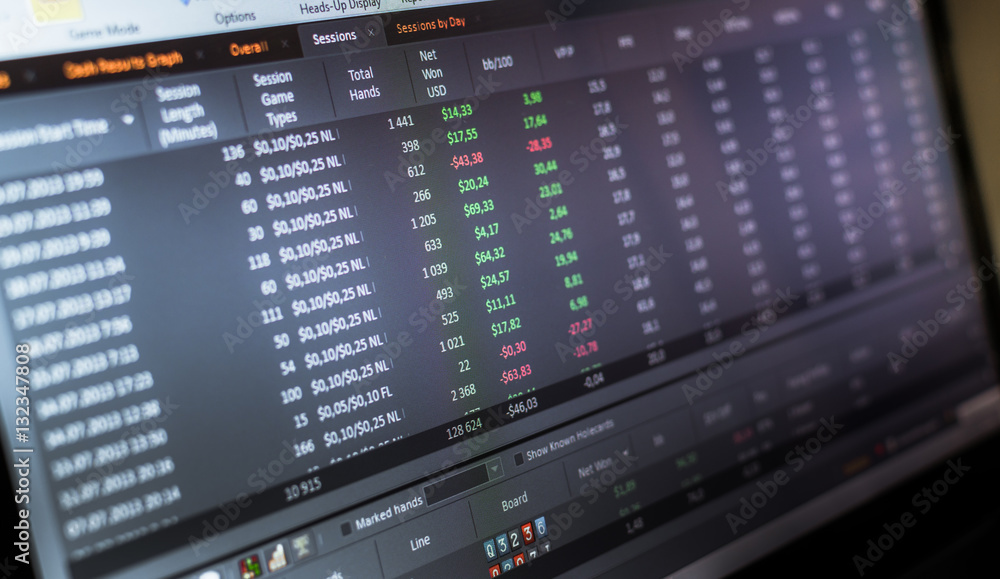 Poker statistics on the laptop screen. In tabular form